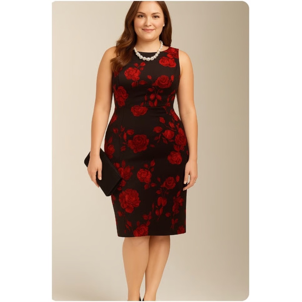 Talbots Sleeveless Black Red Rose Print Velvet Sheath Dress Size 12